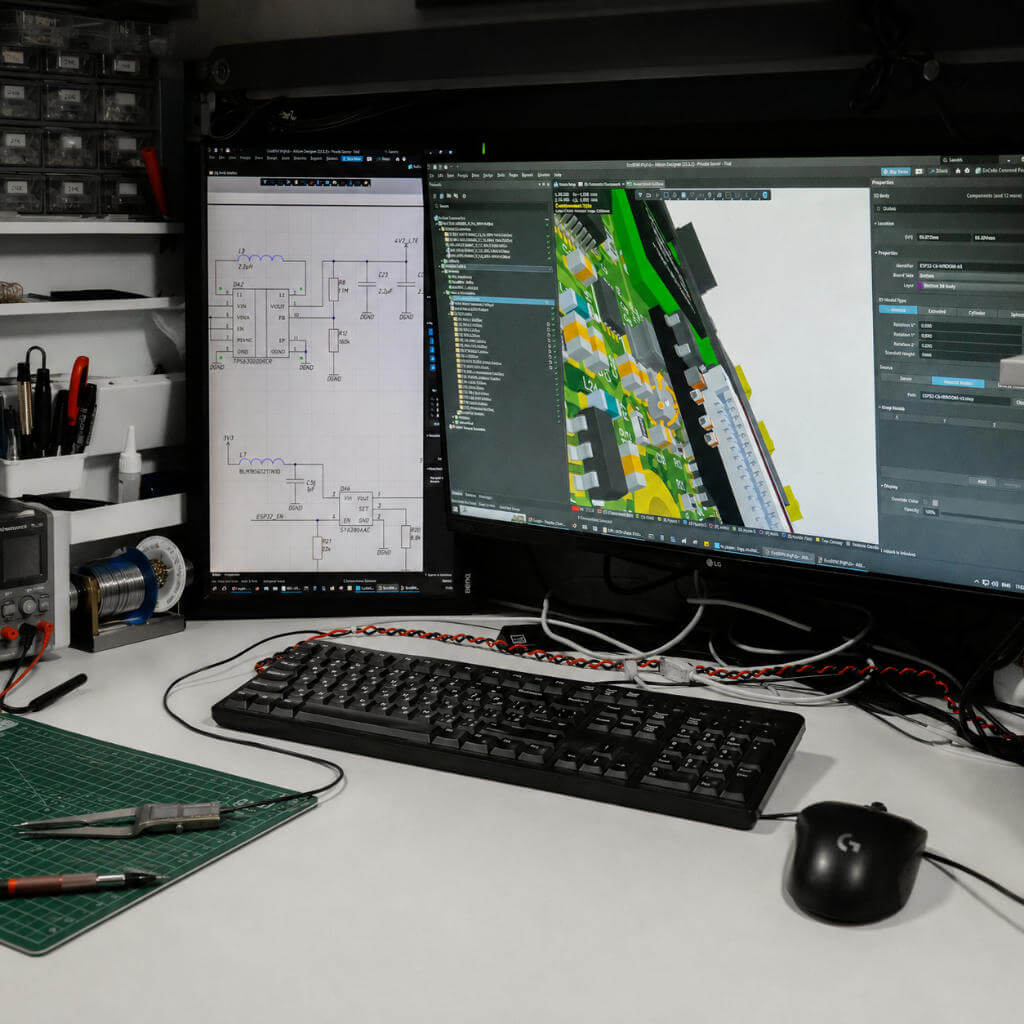 Reviewing PCB schematics and circuit board layout on dual monitors